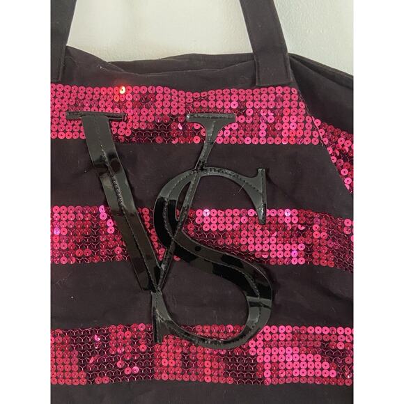 Victoria's Secret VS Logo Black Pink Sequined Weekender Tote Bag Duffle Large - Picture 3 of 6